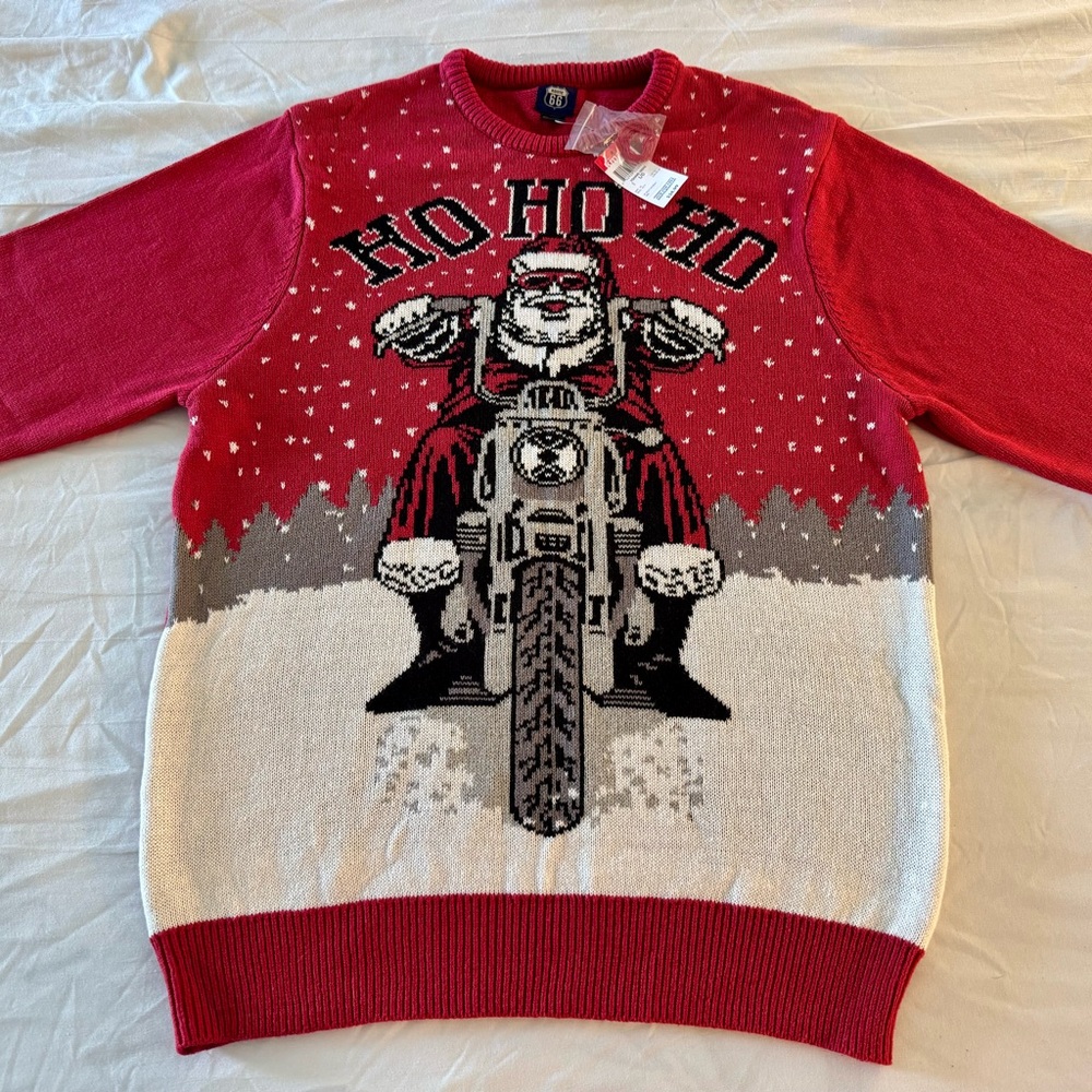Men's Ugly Christmas Sweater Santa Motorcycle Red & White Size L-New with tags